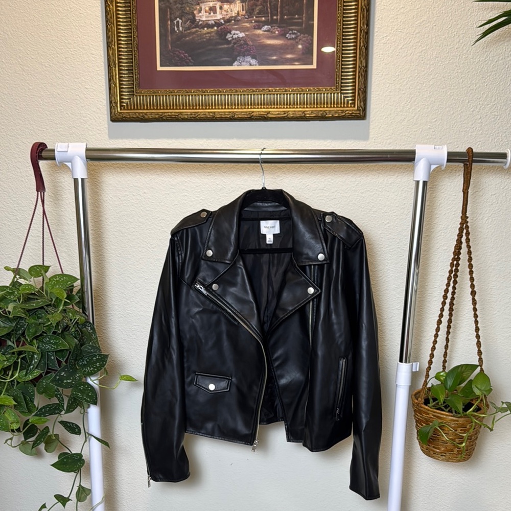 Nine West Black Leather Biker Jacket Asymmetrical Zipper